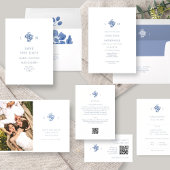 Save The Date Flore bleu et blanc Mariage monogramme plat