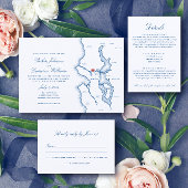 Seattle All-in-One QR code RSVP Blue Wedding Kaart