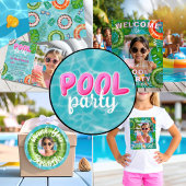Sticker Rond Fun Orange Pool Party Thank You