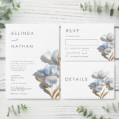 Invitation Bleu Or Fleurs 3D Blanches (Personnalisez la collection de ce créateur indépendant.)