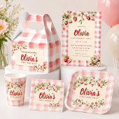Invitation Douce gingham floral fraise pour un premier annive