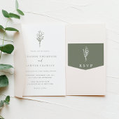 Taupe Groen Minimalistisch Boeket QR Code Huwelijk Uitnodiging Briefkaart