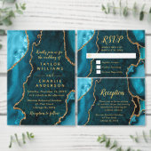Menu Teal Blue and Gold Agate Marble Wedding (Personnalisez la collection de ce créateur indépendant.)