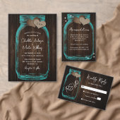 Rustic Teal Mason Jar Wood Wedding RSVP Card (Personnalisez la collection de ce créateur indépendant. )