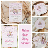 Invitation On peut attendre tôt Teddy Bear Baby shower rose