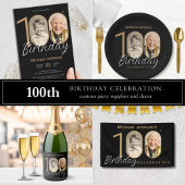 Serviette En Papier Gold Black Elegant Photo 100th Birthday Party