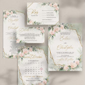 Invitation Boho Blush rose Floral Greenery Gold Frame Mariage