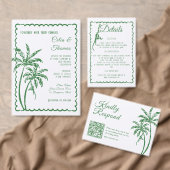 Cartons Réponse Tropical Coastal Retro Beach Green Wedding QR Code (Personnalisez la collection de ce créateur indépendant. )