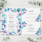 Carte De Placement Aquarelle Turquoise violet Mariage de feuillage (Personnalisez la collection de ce créateur indépendant.)