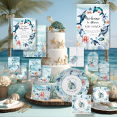 Strand Undersea Turtle Seahorse Waterverf in blauw Etiket