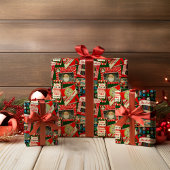 Papier Cadeau Retro Vintage Noël : Collage Vert