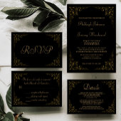 Elégant Black Gold Botanical Frame Wedding RSVP