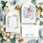 Programme Roses pastel rose, blanches et bleues & ruban