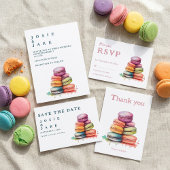 Kleurrijke leuke macarons bruiloft Details Informatiekaartje