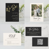 Black Ivory Cream Modern Script Lettering Wedding RSVP Kaartje