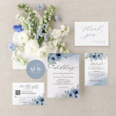 Invitation Tout En Un Script Whimsical Floral Dusty Blue QR Code Mariage