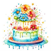 Sticker Aquarelle de gâteau d'anniversaire rouge et bleu