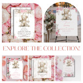 Carte De Remerciements Aquarelle Beige Douce Ours Teddy Flore rose