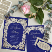 Antiek papier blauw tan bloemblaadje bruiloft menu