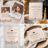 Invitation Boho Fleurs sauvages Blush Pink Photo Graduation