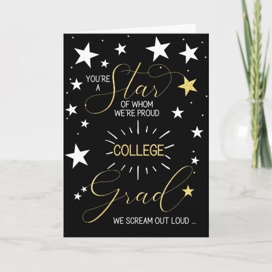 College Afstuderen Black Gold Stars Typografie Kaart (Voorkant)
