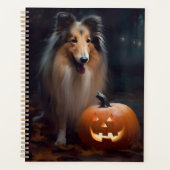 Collie à poil long d'Halloween avec citrouilles ef (Devant)