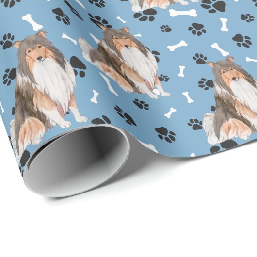 Collie Dog Paw Print Pattern op Blue Cadeaupapier (Rol Hoek)