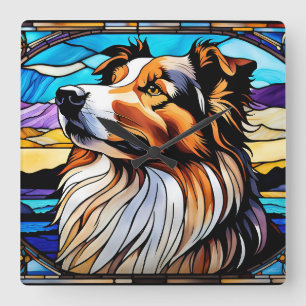 Collie Glas in lood look Vierkante Klok