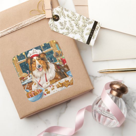 Collie Holiday Baking: Feestelijke Kerst Vierkante Sticker (Geschenken)