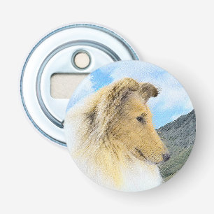 Collie in bergen (ruw) Schilderen - Dog Art Button Flesopener