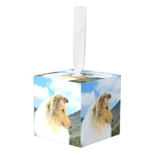 Collie in bergen (ruw) Schilderen - Dog Art Kubus Ornament