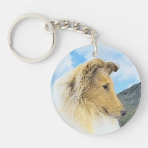 Collie in bergen (ruw) Schilderen - Dog Art Sleutelhanger