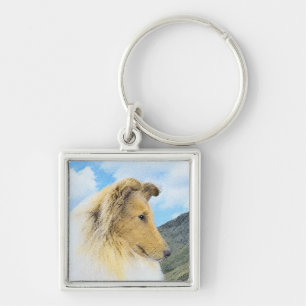 Collie in bergen (ruw) Schilderen - Dog Art Sleutelhanger
