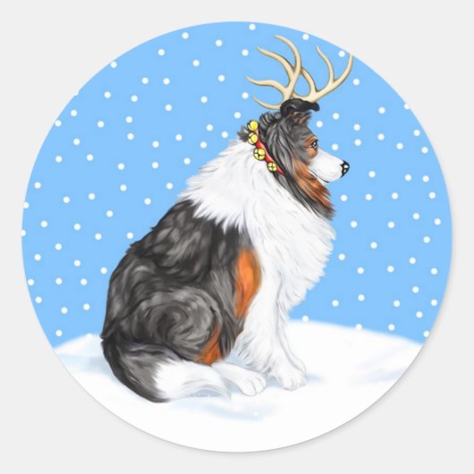 Collie Kerstreindeer Tri Ronde Sticker (Voorkant)