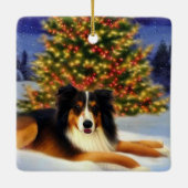 Collie onder kerstboom keramisch ornament (Achterkant)