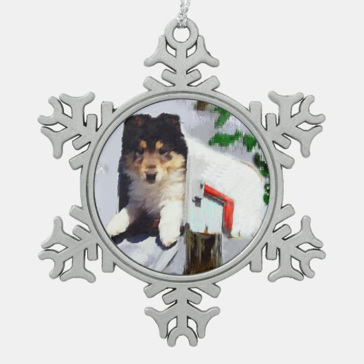 Collie Puppy Kerstbrievenbus Tin Sneeuwvlok Ornament (Voorkant)