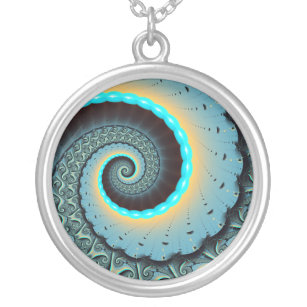 Collier Abstraite spirale d'art fractal bleu turquoise ora