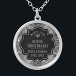 Collier Anniversaires de Silver & Black 25th Wedding<br><div class="desc">Image d'un damas floral argenté brillant avec diamants blancs et texte personnalisable,  '25ème anniversaire de Mariage.</div>