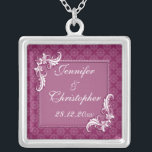 Collier Beaujolais Damask et Floral Frame Mariage<br><div class="desc">Un design de style vintage pour vos nuptiaux à venir avec un motif subtil damassé sur un arrière - plan rose beaujolais. Le texte est entouré d'un cadre rectangulaire avec un tourbillon floral dans deux des coins avec un effet imprimé surélevé. Le texte est entièrement personnalisable pour vos propres occasions...</div>