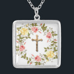 Collier Couronne florale Crucifix Roses rose jaune<br><div class="desc">Roses jaunes et roses pastel sur la couronne fleurie de printemps avec Crucifix doré -</div>