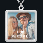 Collier Cute I Love Heart Photo Couples Personalized Name<br><div class="desc">Cute I Love Heart Photo Couples Personalized Name Necklace features your favorite photo with the text "I (love heart) add name" in modern white script. Personalize by editing the text in the text box provided and adding your own picture. Perfect gifts for couples, girlfriend, wife, sweetheart and more for birthday,...</div>