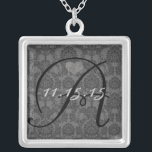 Collier Damask Monogramme Mariage Date Anniversaire Collie<br><div class="desc">Mariage Keepsaké Mariage Colliers - pour changer la couleur arrière - plan - cliquez sur personnaliser - cliquez sur modifier - choisissez l'outil dernier dans le menu déroulant et choisissez l'une des couleurs affichées ou entrez votre code hexadécimal rgb pour votre couleur de mariage personnalisée - pour changer la couleur...</div>