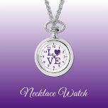 Collier d'amour violet et blanc<br><div class="desc">Collier Montre cadeau. Avec le mot "amour" et une forme de coeur remplaçant la lettre O. Purple et blanc</div>
