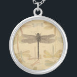 Collier Dragonfly Vintage Antique Classic Nature<br><div class="desc">Vintage Dragonfly Image antique d'une libellule - Cette petite libellule douce est une image antique d'une belle libellule,  dessinée en noir et blanc,  avec un arrière - plan de libellules colorés doux contre du papier ancien.</div>
