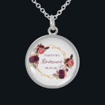 Collier En Argent Floraux de couleur marine bordeaux<br><div class="desc">Un cadeau à la mode bohème pour la Bridesmaid. Décoré de roses de couleur aquarelle en bordeaux et rose. Arrière - plan blanc élégant. Un cadre géométrique en faux or. Avec le texte : Bridesmaid écrit avec un script de style écrit à la main. Modèle pour le nom de la...</div>