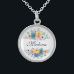 Collier En Argent Spring Floral Chic Moderne Nom personnalisé<br><div class="desc">Ce design moderne présente une floraison printanière en corail, jaune, turquoise et bleu marine avec votre nom personnalisé. Personnalisez en modifiant le texte dans la zone de texte fournie. #floral #flowers #botanical #personalisé #name #bridesmaidcadeaux #bridalparty #bridalpartycadeaux #mariages #moderne #chic #élégant #mariage #accessoires #cadeaux #giftsforher #personalizedcadeaux #addyourownname #spring #feminine #girly #navyblue...</div>