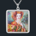 COLLIER FEMME ROMANTIQUE AVEC PEACOCK FEACOCK<br><div class="desc">Original contemporain painting with golden foil and iridescolors in bright green, yellow orange ,  teal, turquase,  elegant blanc , beautiful sophisticated brunette woman, red, green sparkling gold fabrics of a baroque costume with peacock feathers .painting by bulgan i)</div>