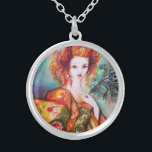 COLLIER FEMME ROMANTIQUE AVEC PEACOCK FEACOCK<br><div class="desc">Original contemporain painting with golden foil and iridescolors in bright green, yellow orange ,  teal, turquase,  elegant blanc , beautiful sophisticated brunette woman, red, green sparkling gold fabrics of a baroque costume with peacock feathers .painting by bulgan i)</div>