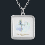 Collier *~* Floral AP35 Communion Confirmation chrétienne<br><div class="desc">(( ID de recherche AP35 pour des designs similaires )) SIMPLE MINIMAL Design. Bouquet floral BLEU sur croix / crucifix CARRÉ FORME L'arrière - plan est BLANC. La police de texte est un script de calligraphie élégant et sophistiqué. Le design est très SIMPLE et MINIMAL. Religious catholique - Croix béni...</div>