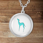 Collier Greyhound Whippet chien turquoise silhouette bleue<br><div class="desc">Collier élégant et élégant avec silhouette minimaliste Italienne Greyhound / Whippet en bleu turquoise. Un joli et mignon cadeau pour maman de chien, propriétaire d'iggy et tous ceux qui aiment les iggies, les whippets et les haltères. ・ Vous pouvez le customiser - modifier la couleur de l'arrière - plan, déplacer/redimensionner...</div>